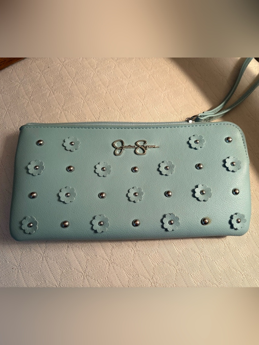 Jessica Simpson Mint Floral Studded Wristlet Clutch